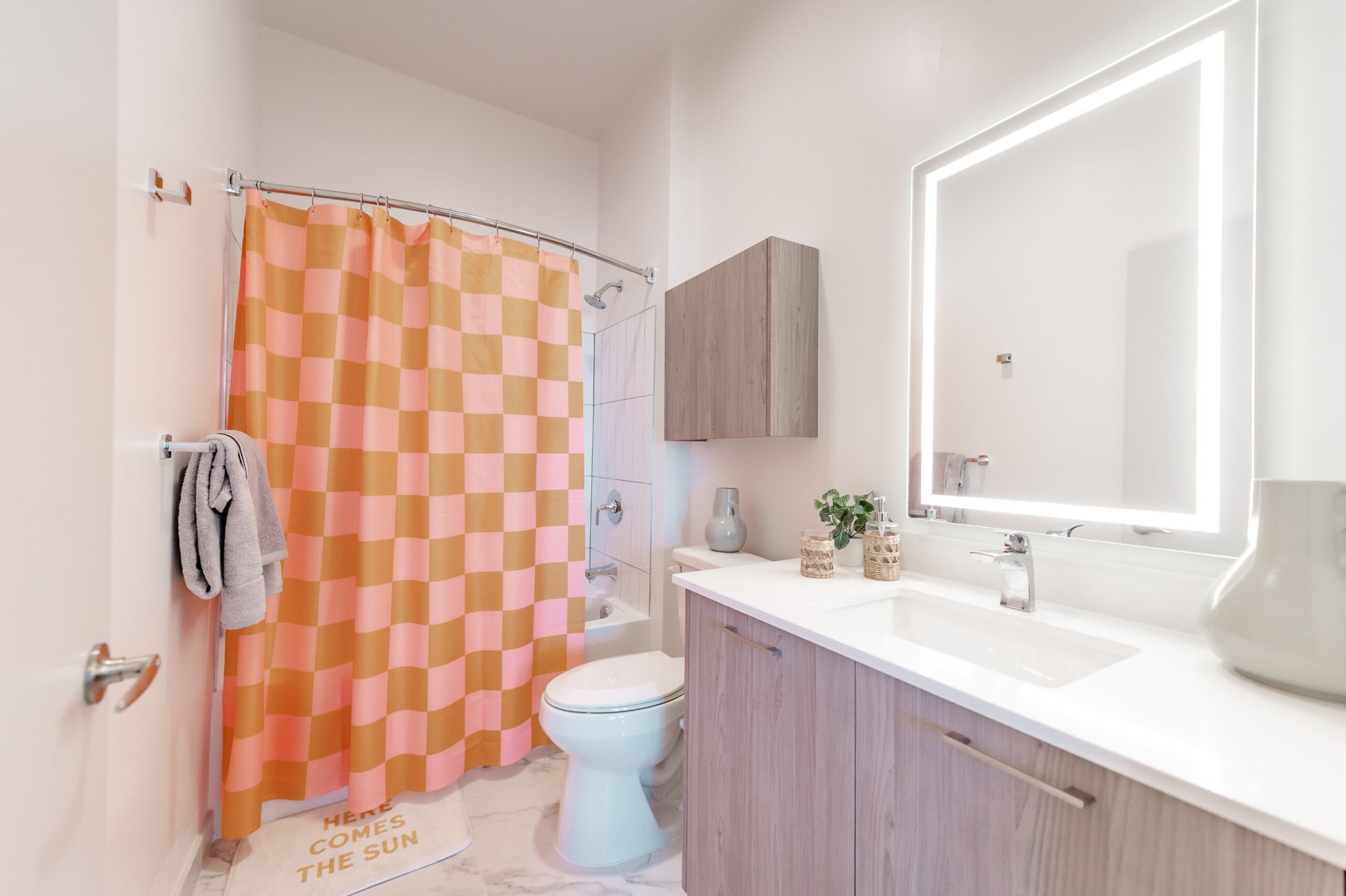 apartment bathroom led backlit mirror wood vanity scaled