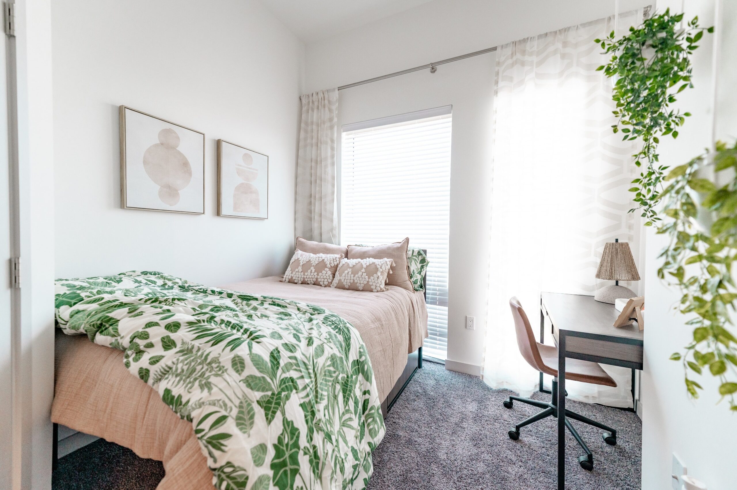 apartment bedroom botanical comforter work desk scaled